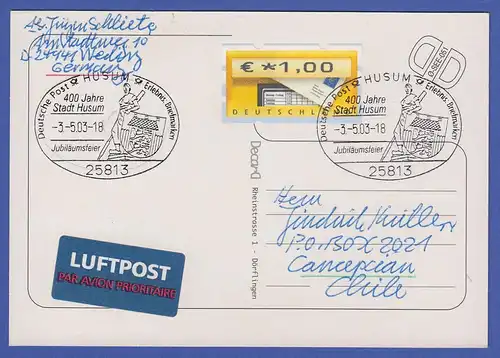 ATM Mi.-Nr. 5.1 Wert 1,00 auf Postkarte nach Chile, So-O HUSUM Jubiläum 2003