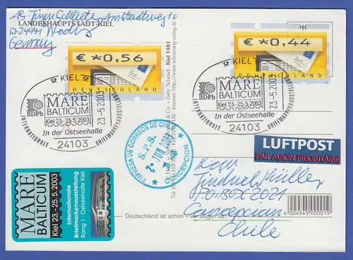 ATM Mi.-Nr. 5.1  2 Werte auf Postkarte nach Chile, So-O KIEL MARE BALTICUM 2003