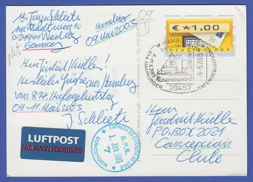 ATM Mi.-Nr. 5.1 Wert 1,00 auf Postkarte nach Chile, So-O HAMBURG Eisbrecher 2003