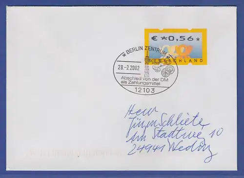 ATM Mi-Nr. 4.1 Wert 0,56 auf Brief mit So.-O BERLIN Abschied von der DM 28.2.02