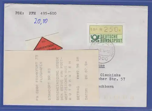 ATM 1.1 Wert 250 aus MWZD FRANKFURT 75 mit AQ auf NN-Brief, 06.07.84