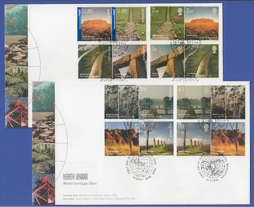 WORLD HERITAGE australische und britische Briefmarken 2 Sätze auf 2 FDC, 2005