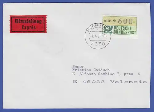 ATM 1.1 Wert 600 auf Express-Brief nach Valencia, Tarif-Ersttag 1.4.1989