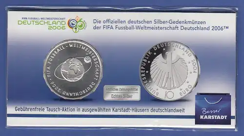 10-€-Gedenkmünze Fussball WM, Ausgabe 2004 im orig. KARSTADT-Blister 