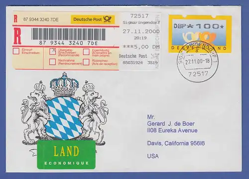 Deutschland ATM Mi.-Nr. 3.1 Wert 100 auf R-Brief von SIGMARINGENDORF in die USA