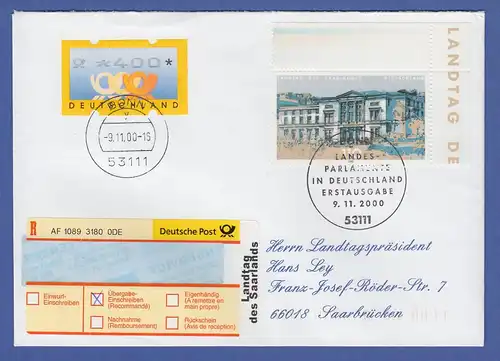 Deutschland ATM Mi.-Nr. 3.2 Wert 400 auf R-Brief O Bonn, FDC Landtag Saarland