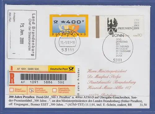 Deutschland ATM Mi.-Nr. 3.2 Wert 400 auf R-Brief mit O Bonn, FDC Preußen-SM 