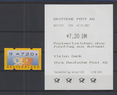 Deutschland ATM Mi.-Nr. 3.3 Wert 720 ** mit Automatenquittung 2.07.01