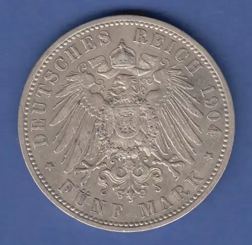 Deutsches Kaiserreich Bayern König Otto Silbermünze 5 Mark 1904 D vz