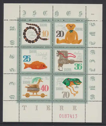 DDR 1981 Kleinbogen Spielzeug Mi.-Nr. 2661-66 Oberrand NICHT durchgezähnt **