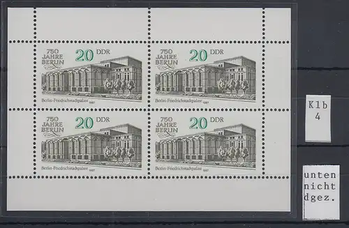 DDR 1987 750 Jahre Berlin Kleinbogen Mi.-Nr. 3078 unten NICHT durchgezähnt !