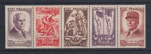 Frankreich 1943 Nationale Hilfe Petain Mi.-Nr. 589-93 Satz im 5er-Streifen **