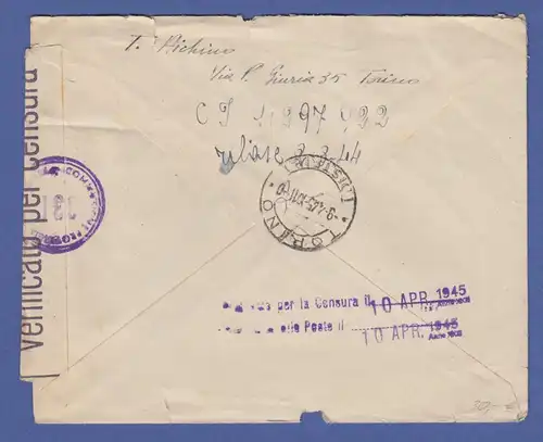 Italien April 1945 interessanter Zensur-Brief von Turin nach Genf (Schweiz)