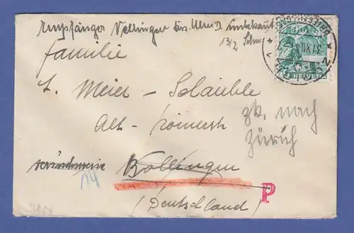 Schweiz Dez.1944 interess. kleinform. Retour-Brief gelaufen nach Deutschland