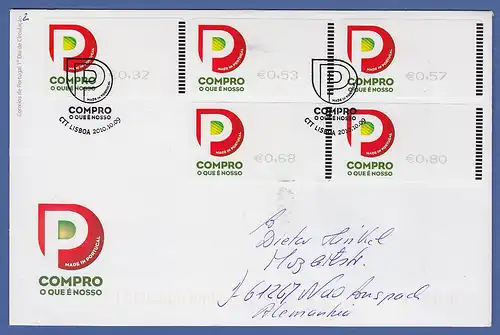 Portugal ATM 2010 Mi.-Nr 72.1 Satz 32-53-57-68-80 auf gel. FDC nach D