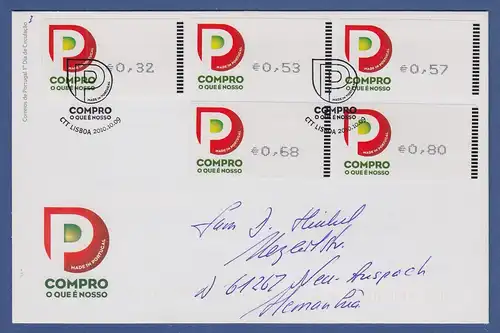 Portugal ATM 2010 Mi.-Nr 72.2 Satz 32-53-57-68-80 auf gel. FDC nach D