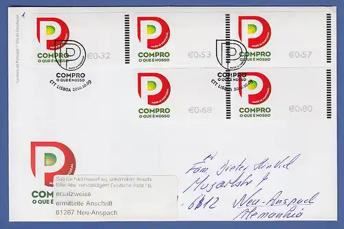 Portugal ATM 2010 Mi.-Nr 72.3 Satz 32-53-57-68-80 auf gel. FDC nach D