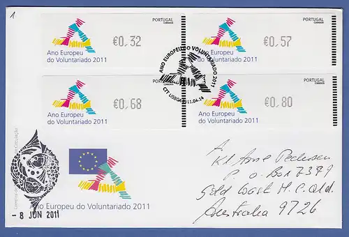 Portugal ATM 2011 Mi.-Nr 75.1 Satz 32-57-68-80 auf gel. FDC nach Australien
