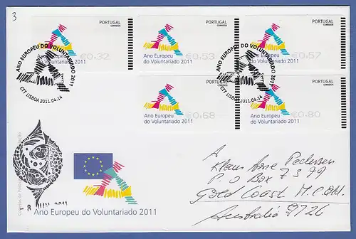 Portugal ATM 2011 Mi.-Nr 74.1 Satz 32-53-57-68-80 auf gel. FDC nach Australien
