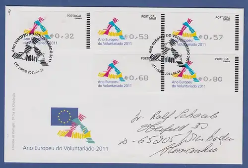 Portugal ATM 2011 Mi.-Nr 74.2 Satz 32-53-57-68-80 auf gel. FDC nach Australien