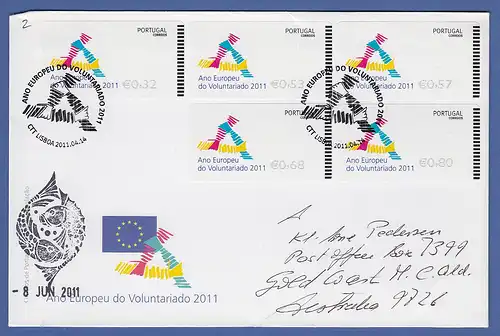 Portugal ATM 2011 Mi.-Nr 74.3 Satz 32-53-57-68-80 auf gel. FDC nach Australien