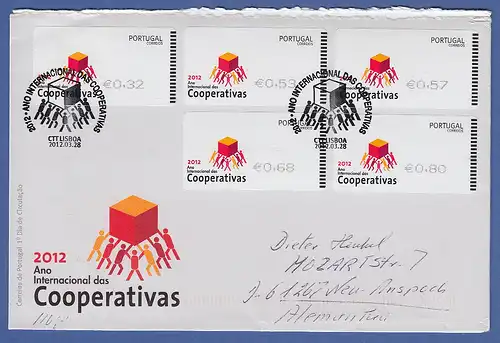 Portugal ATM 2012 Mi.-Nr. 78.1 Satz 32-53-57-68-80 auf FDC nach Deutschland