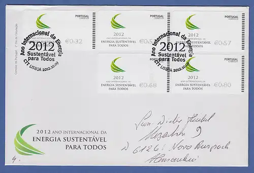 Portugal ATM 2012 Mi.-Nr. 80.3 Satz 32-53-57-68-80 auf FDC nach Deutschland