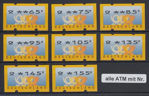 ATM Deutschland Posthörner Mi.-Nr. 3.2 Satz 8 krumme Werte 65-155 ** alle mit Nr