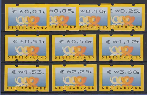 Deutschland ATM 3 Posthörner, €-Währung Mi-Nr. 4.1 Tastensatz 0,01-3,68 ** 