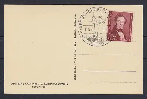 Berlin Lortzing Mi.-Nr. 74 auf Karte mit So.-O Konditorenmesse Berlin 1951