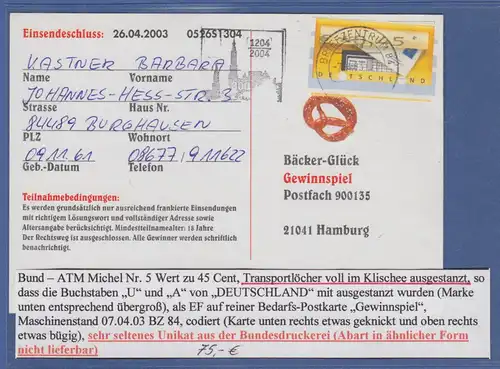 Deutschland ATM Mi.-Nr. 5.1 mit total verstanzten Transportlöchern auf Karte