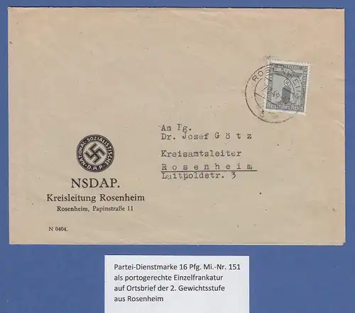 Dt. Reich Partei-Dienstmarke 16Pfg Mi.-Nr. 151 SELTENE Einzelfrankatur ROSENHEIM