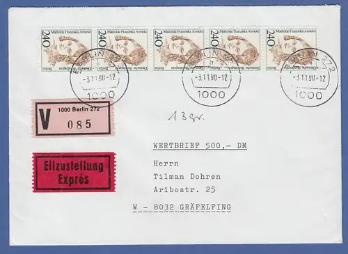 Berliner Frauen 240er 5erStreifen als MEF auf Eil-V-Brief ab PA BERLIN 272, 1990