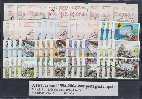 Aaland ATM 1984-2004 Mi.-Nr. 1-15 Komplettsammlung je ein Satz 3-4 Werte gest. 