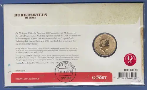 Australien 2010 Numisbrief mit 1$-Münze BURKE & WILLS , echt gelaufen !