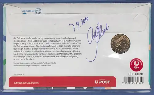 Australien 2010 Numisbrief mit 1$-Münze CENTENARY OF GIRL GUIDES, echt gelaufen