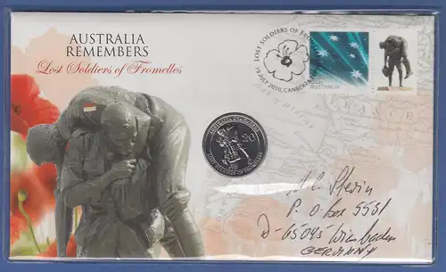 Australien 2010 Numisbrief mit 1$-Münze SOLDIERS OF FROMELLES, echt gelaufen