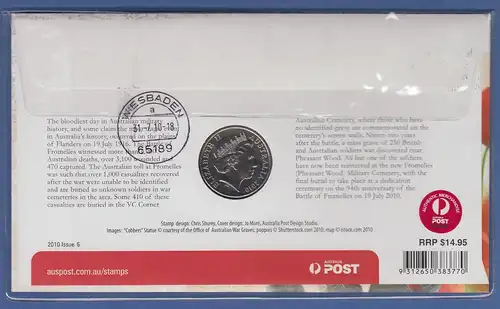 Australien 2010 Numisbrief mit 1$-Münze SOLDIERS OF FROMELLES, echt gelaufen