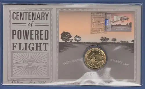 Australien 2010 Numisbrief mit 1$-Münze CENTENARY OF POWERED FLIGHT echt gelauf.