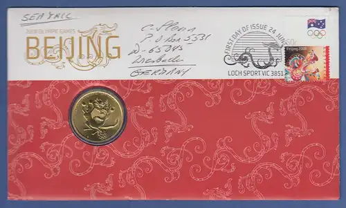 Australien 2008 Numisbrief mit 1$-Münze OLYMPIC GAMES BEIJING, echt gelaufen !