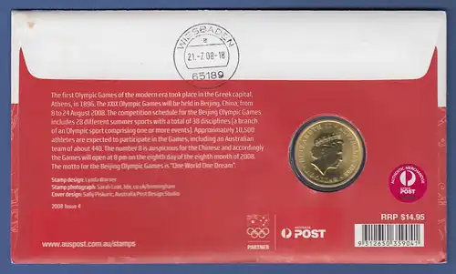 Australien 2008 Numisbrief mit 1$-Münze OLYMPIC GAMES BEIJING, echt gelaufen !