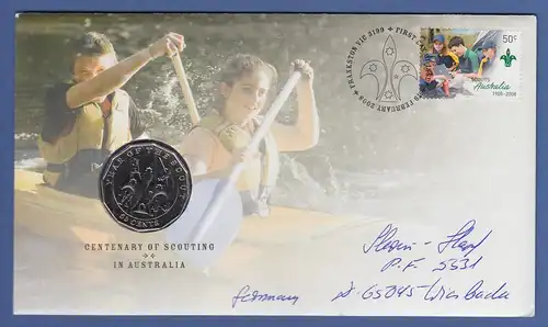 Australien 2008 Numisbrief mit 1$-Münze CENTENARY OF SCOUTING, echt gelaufen !