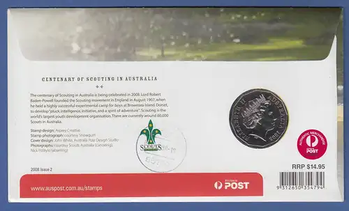 Australien 2008 Numisbrief mit 1$-Münze CENTENARY OF SCOUTING, echt gelaufen !