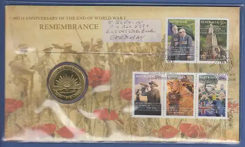 Australien 2008 Numisbrief mit 1$-Münze END OF WORLD WAR I  echt gelaufen !