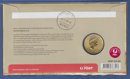 Australien 2008 Numisbrief mit 1$-Münze END OF WORLD WAR I  echt gelaufen !