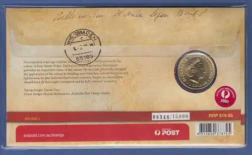 Australien 2010 Numisbrief mit 1$-Münze GOVERNOR L. MACQUARIE  echt gelaufen !