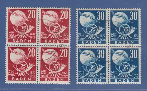 Französische Zone Baden 75 Jahre UPU Mi.-Nr. 56-57 Viererblocks gest. geprüft