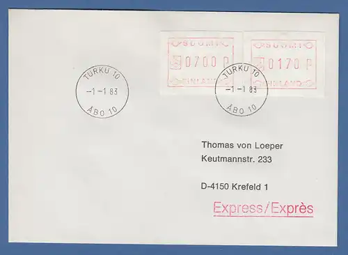 Finnland 1982 FRAMA-ATM Mi.-Nr. 1.1 Werte 700 / 170 auf Expr-Bf. O TURKU 1.1.83