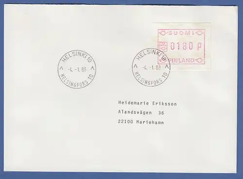 Finnland 1988 ATM Mi.-Nr. 3.2 c Wert 0180 auf Brief, ET-O HELSINKI 4.1.88