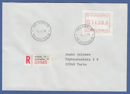 Finnland 1988 ATM Mi.-Nr. 3.2 c Wert 1180 auf Inlands-R-Brief , ET-O HELSINKI